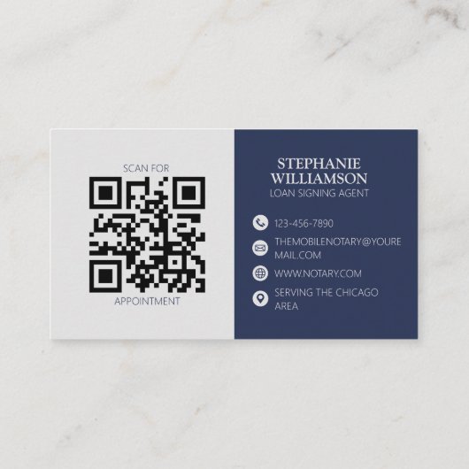 Mobile Notar Moderner QR-Code Navy Feather Visitenkarte (Rückseite)