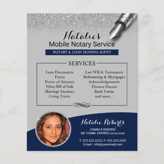 Mobile Notar Navy Blue & Silver Glitzer Foto Flyer (Vorne)