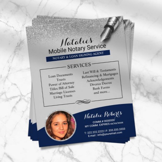 Mobile Notar Navy Blue & Silver Glitzer Foto Flyer