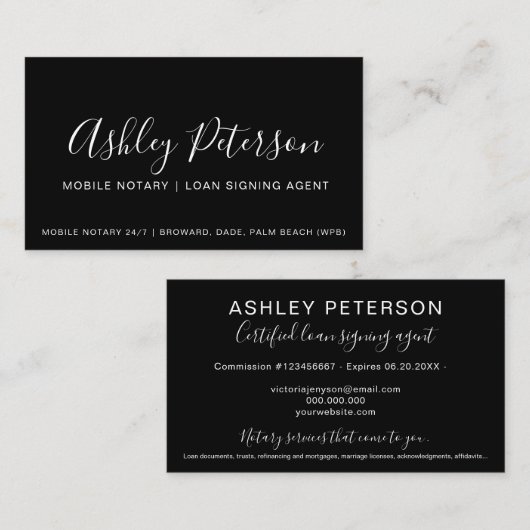 Mobile Notar öffentlich schwarze Typografie minima Visitenkarte (Vorne/Hinten)