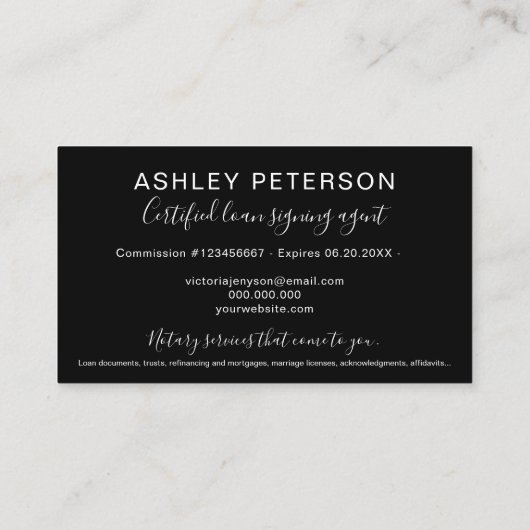 Mobile Notar öffentlich schwarze Typografie minima Visitenkarte (Rückseite)