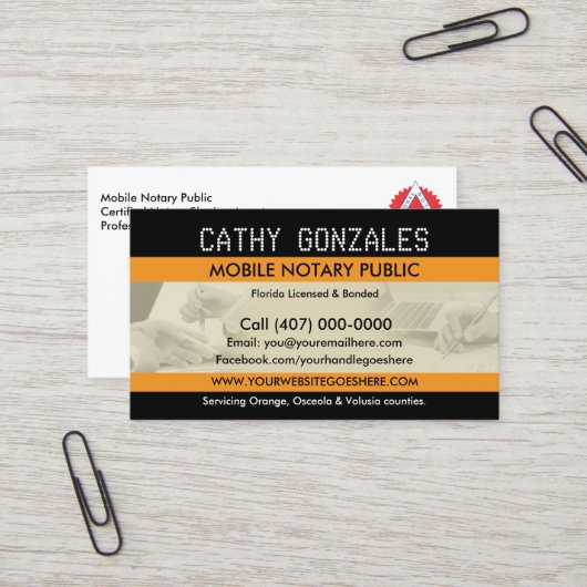 Mobile Notar Public Business Card Visitenkarte (Vorderseite/Rückseite Beispiel)