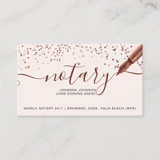 Mobile Notar Rose Gold Konfetti Typografie Visitenkarte (Vorderseite)