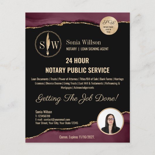 Mobile Notary & Loan Signing Agent Burgundy Gold Flyer (Vorne)