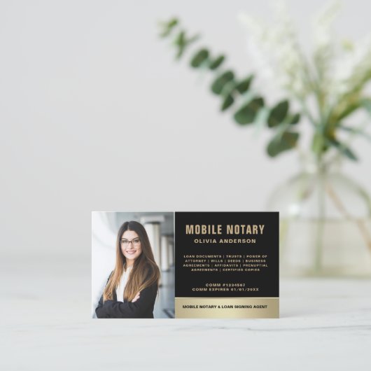 Mobile Notary Signing Agent Foto Black & Gold Visitenkarte (Stehend Vorderseite)