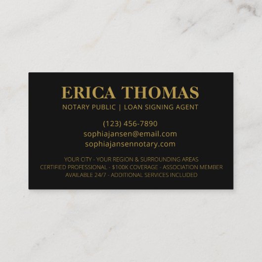 Mobile Notary Signing Agent Luxury Black & Gold Visitenkarte (Rückseite)
