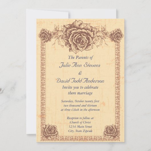 Moccasin Vintage Rose Hochzeit an der Grenze Einladung (Vorderseite)