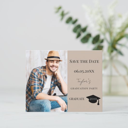 Mocha beige Graduation Party Save the Date card (Stehend Vorderseite)