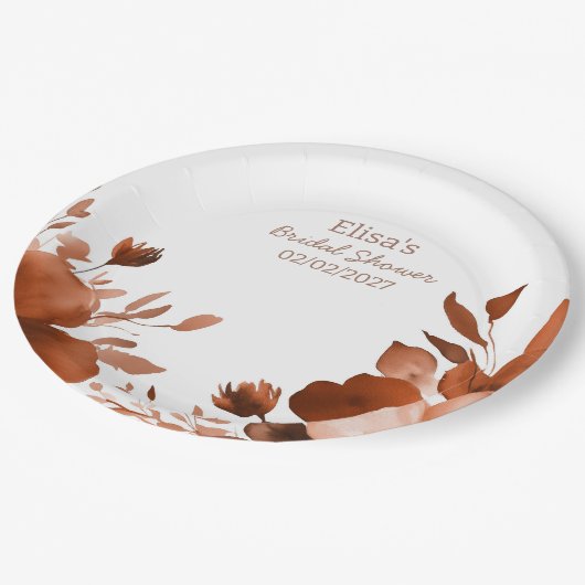 Mocha Blooms Wasserfarbe Benutzerdefiniertes Braut Pappteller (Schrägansicht)
