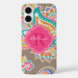 Mocha Bohemisch Paisley Custom Monogram iPhone 16 Hülle
