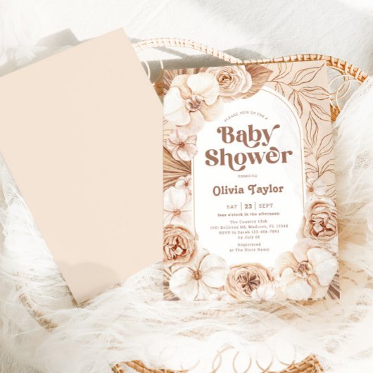 Mocha Boho Floral Baby Shower Einladung