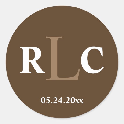 Mocha braun 3 initiale Monogramm-Gastgeschenk Hoch Runder Aufkleber (Vorderseite)