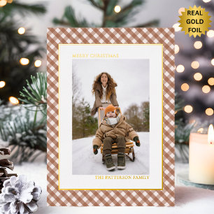 Mocha-Braun Gingham-Karomuster-Foto Weihnachten Folien Feiertagskarte