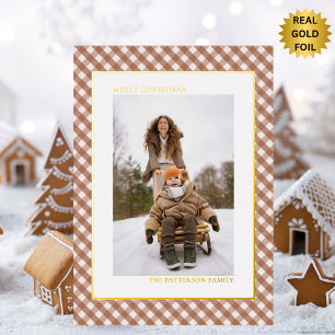 Mocha-Braun Gingham-Karomuster-Foto Weihnachten Folien Feiertagspostkarte