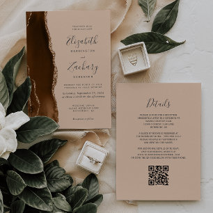 Mocha Braun Gold Achat Beige QR Code Hochzeit Einladung