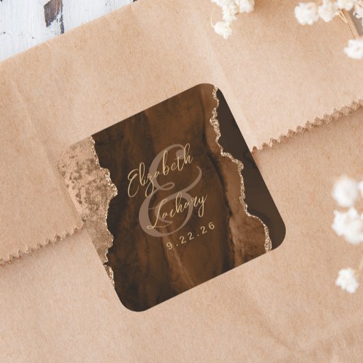 Mocha-Braun-Gold-Achat-Script-Hochzeit Quadratischer Aufkleber