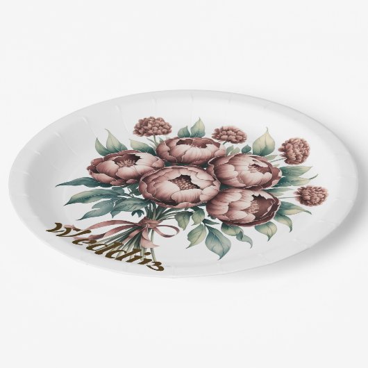 Mocha Brown Blooms Wedding Pappteller (Schrägansicht)