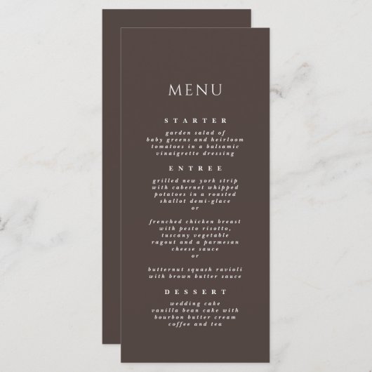 Mocha Brown Chic Modern Elegantes Abendessen Hochz Menükarte (Vorne/Hinten)