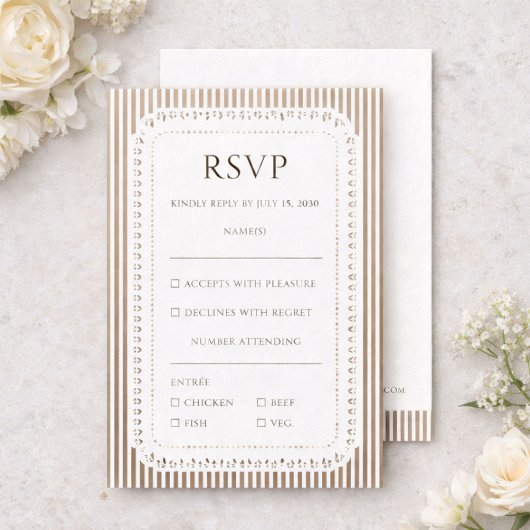 Mocha Brown French Stripe Lace Wedding RSVP Begleitkarte