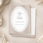 Mocha Brown French Stripe Lace Wedding Save The Date