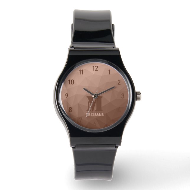 Mocha Brown geometrisches Maschenmuster Monogram Armbanduhr (Vorderseite)