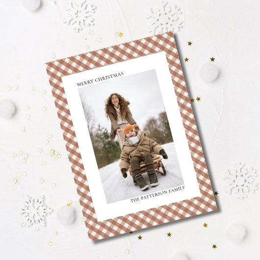 Mocha Brown Gingham Kariert Pattern Foto Weihnacht Feiertagspostkarte