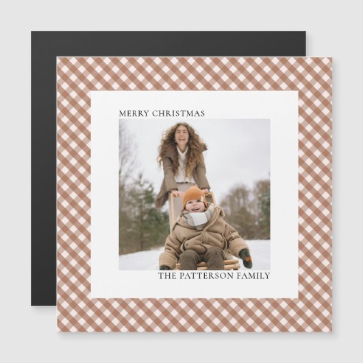 Mocha Brown Gingham Photo Magnet Christmas Card (Vorne/Hinten)