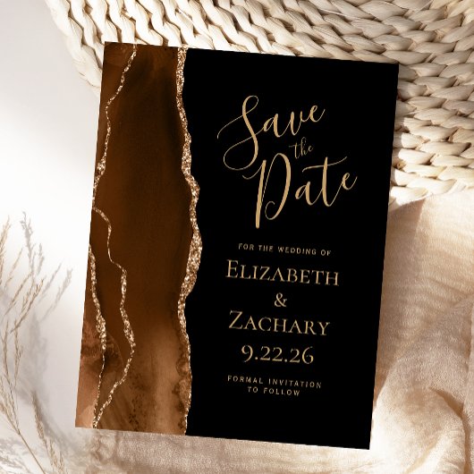 Mocha Brown Gold Agate Black Save the Date Ankündigungspostkarte