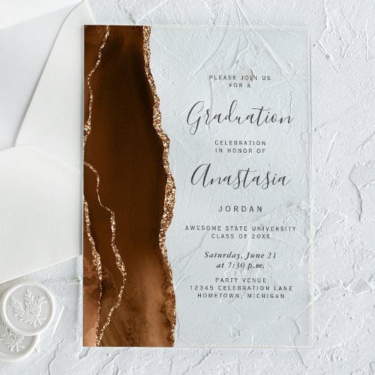 Mocha Brown Gold Agate Gray Text Graduation Acryleinladungen