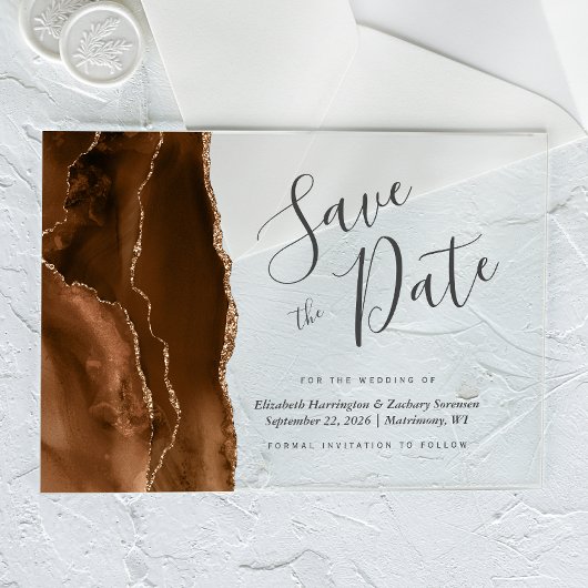 Mocha Brown Gold Agate Save the Date Card Acryleinladungen