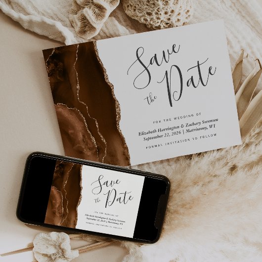 Mocha Brown Gold Agate Save the Date Card Einladung