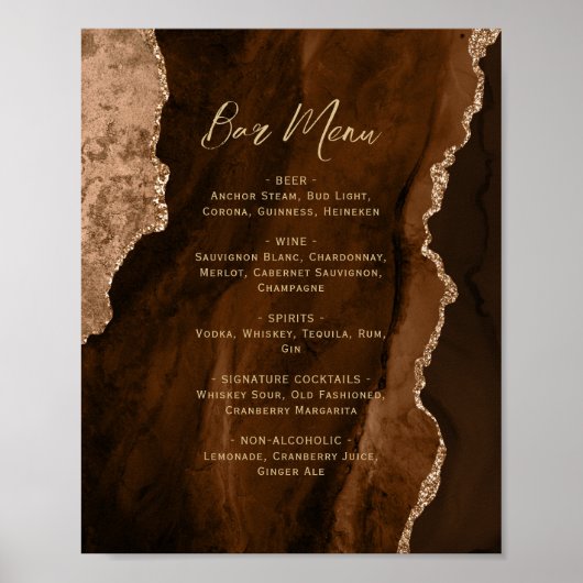 Mocha Brown Gold Agate Script Wedding Bar Menu  Poster (Vorne)