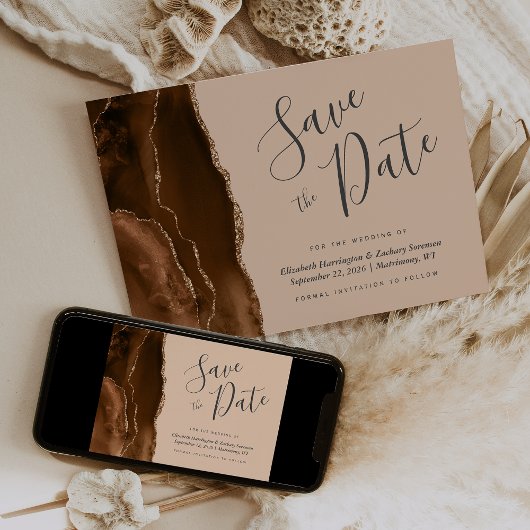 Mocha Brown Gold Agate Tan Save the Date Card Einladung