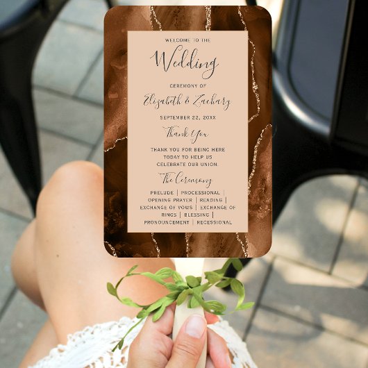 Mocha Brown Gold Agate Tan Wedding Program Fächer