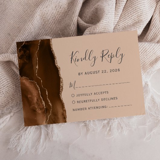 Mocha Brown Gold Agate Tan Wedding RSVP Karte