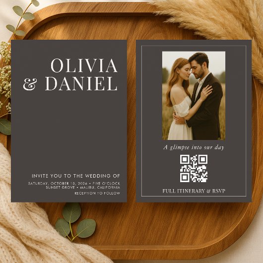 Mocha Brown Minimalist Photo QR Code Wedding Einladung