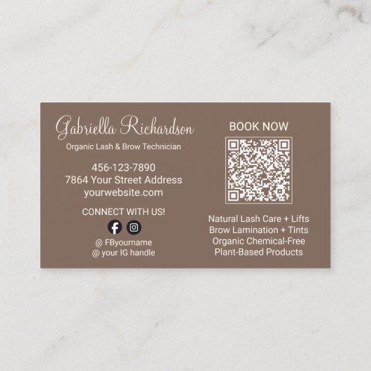 Mocha Brown Script Photo QR Code Brows and Lashes Visitenkarte (Rückseite)