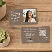 Mocha Brown Script Photo QR Code Brows and Lashes Visitenkarte