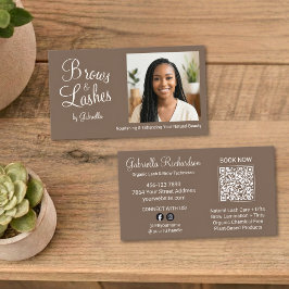 Mocha Brown Script Photo QR Code Brows and Lashes Visitenkarte