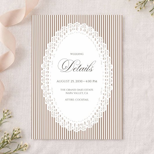 Mocha Brown Stripe Lace Doily Wedding Details Begleitkarte
