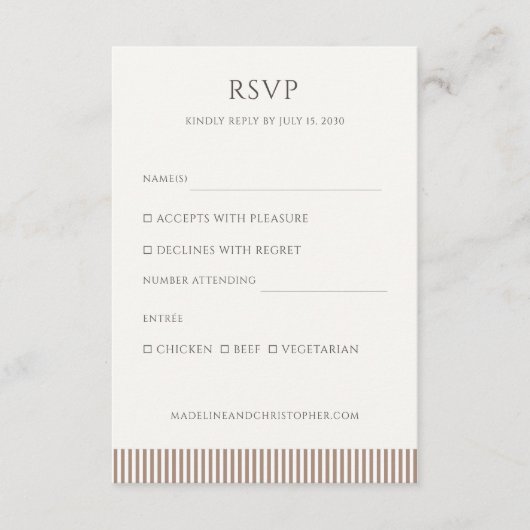 Mocha Brown Stripe Minimalist Wedding RSVP Begleitkarte (Vorderseite)