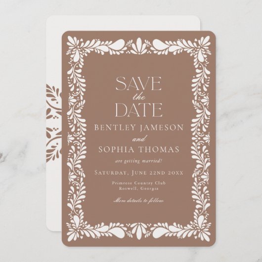 Mocha Brown Talavera Tile Fiesta Save the Date Einladung (Vorne/Hinten)