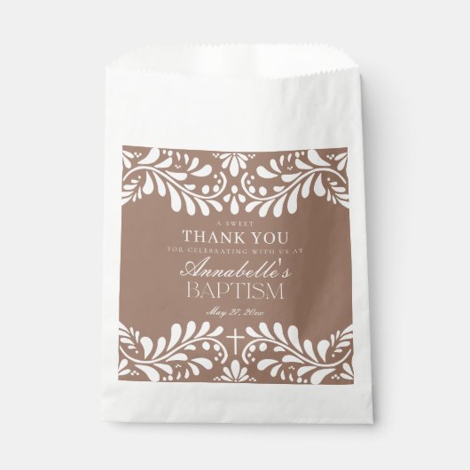 Mocha Brown Talavera Tile Fiesta Taufe Dessert Geschenktütchen (Vorderseite)