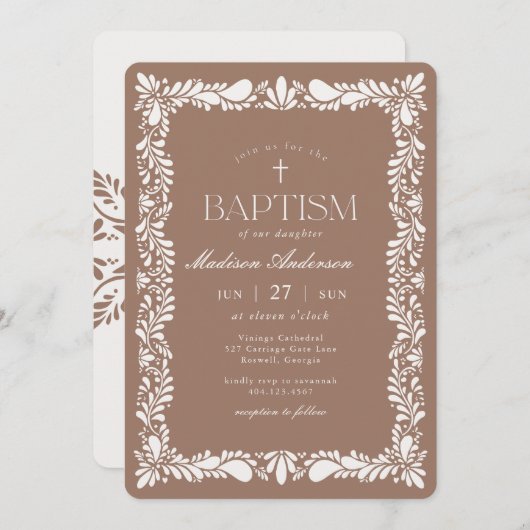 Mocha Brown Talavera Tile Fiesta Taufe Einladung (Vorne/Hinten)