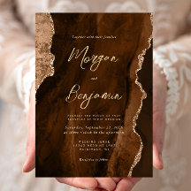 Mocha Brown Watercolor Agate Gold Script Wedding