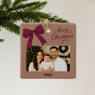 Mocha burgundy bow Christmas Foto Keramikornament