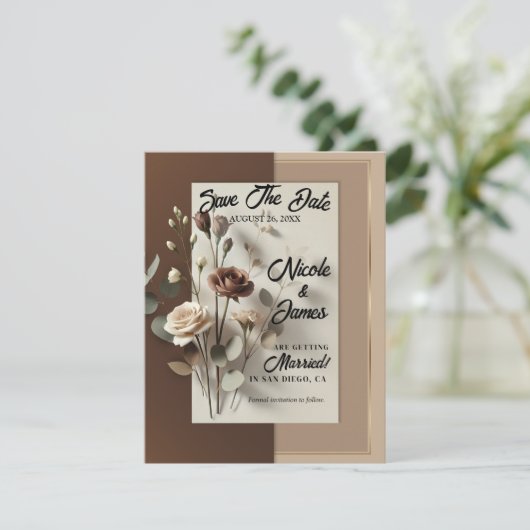 Mocha Café Au Lait Brown Neutral Floral Rett Date Einladung (Stehend Vorderseite)