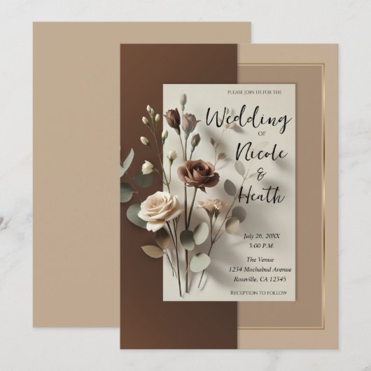 Mocha Café Au Lait Brown Neutral Floral Wedding Einladung (Vorne/Hinten)