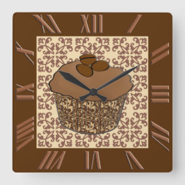 Mocha / Coffee Frosted Cupcake, Lace Background Quadratische Wanduhr