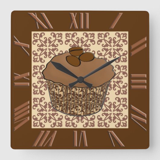 Mocha / Coffee Frosted Cupcake, Lace Background Quadratische Wanduhr (Vorderseite)